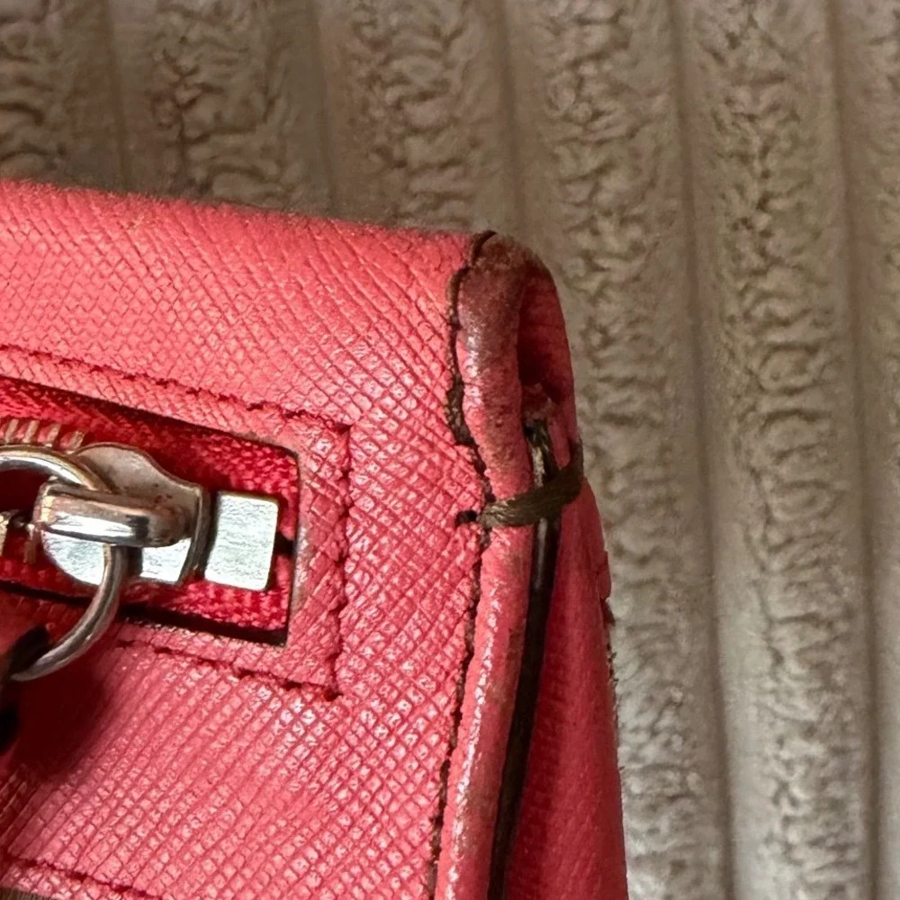 Coach Signature Canvas Saffiano Leather Wristlet Coral Pink Khaki 52860 - Picture 8 of 15
